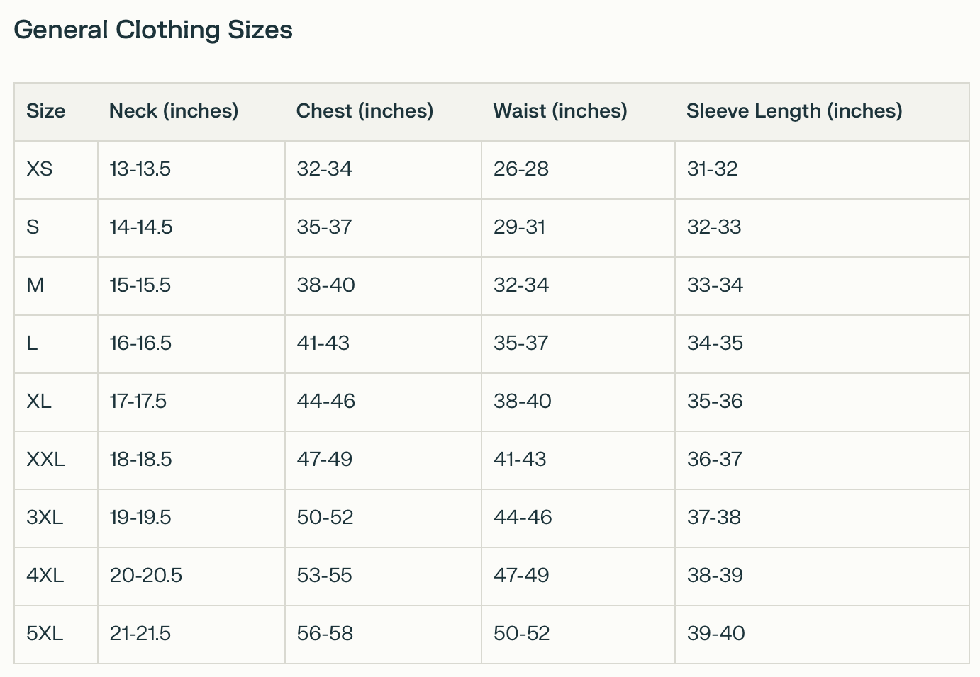 mens sizing chart